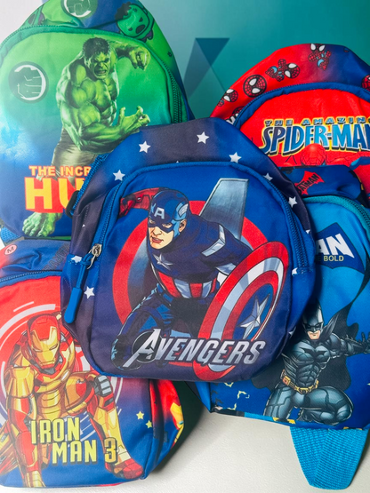 Miso station superhero kids mini backpacks featuring Iron Man, Hulk, Captain America, Spider-Man, and Batman designs.