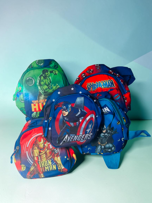 Miso station superhero kids mini backpacks featuring Iron Man, Hulk, Captain America, Spider-Man, and Batman designs.