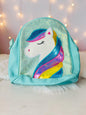Miso station unicorn mini backpack in pastel blue with a glittery front panel and a vibrant multi-colored mane.