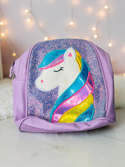 Miso station unicorn mini backpack with a glittery purple front panel and a vibrant multi-colored unicorn appliqué.