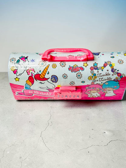Miso station unicorn themed children's storage carrying case with a pink handle and integrated combination lock.