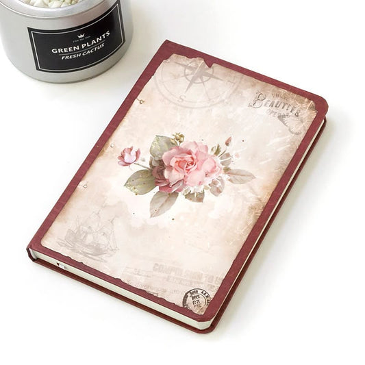 Miso station vintage floral hardcover journal with a weathered parchment background and deep red binding