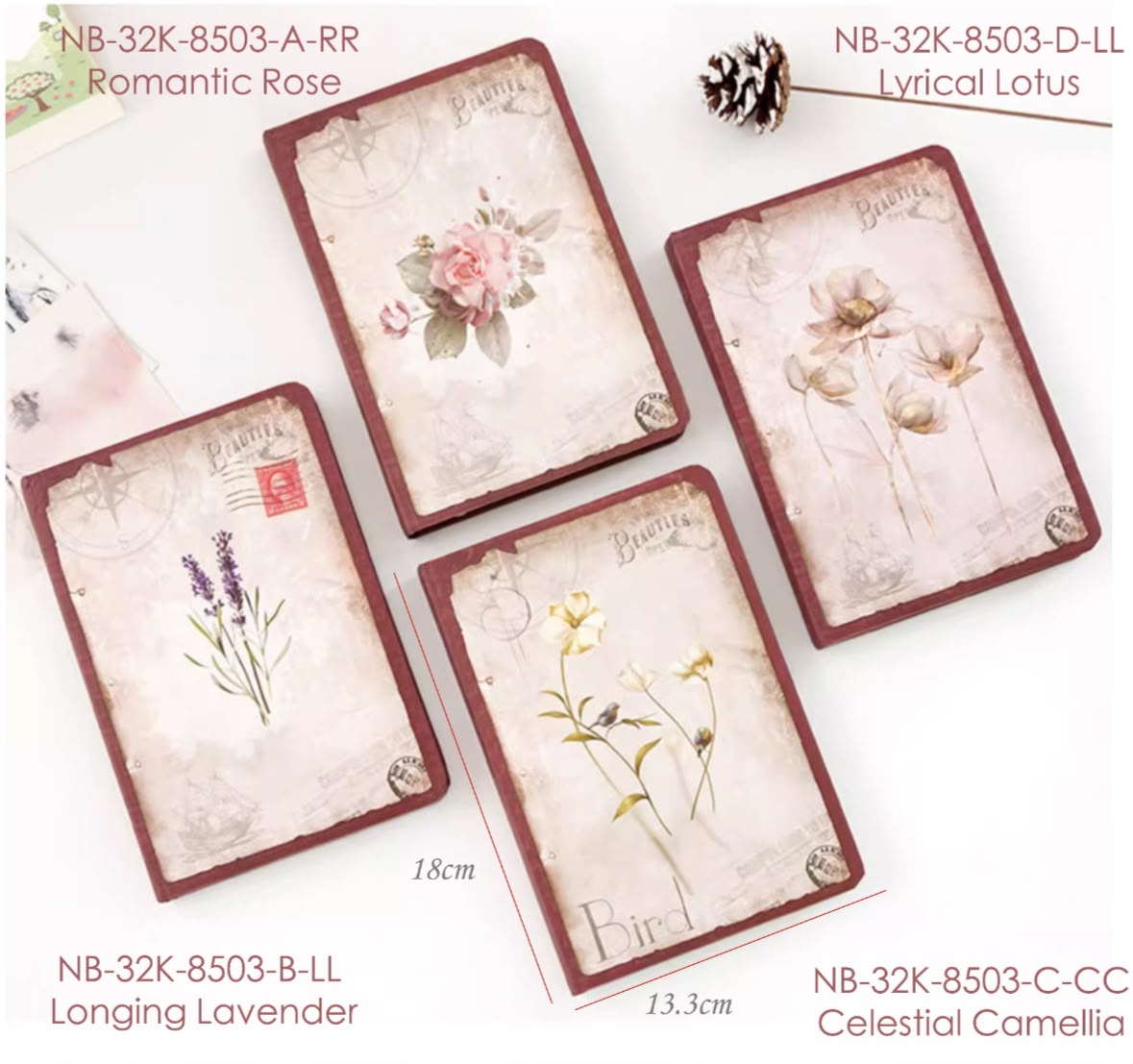 Miso station vintage floral hardcover journals with romantic rose, lyrical lotus, lavender, and camellia illustrations.