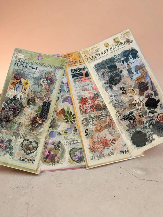 Miso station vintage style floral and botanical sticker sheets with moody colors for scrapbooking and journaling