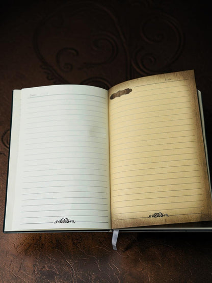 Miso station vintage-style journal open to show lined white paper and aged parchment pages with date headers