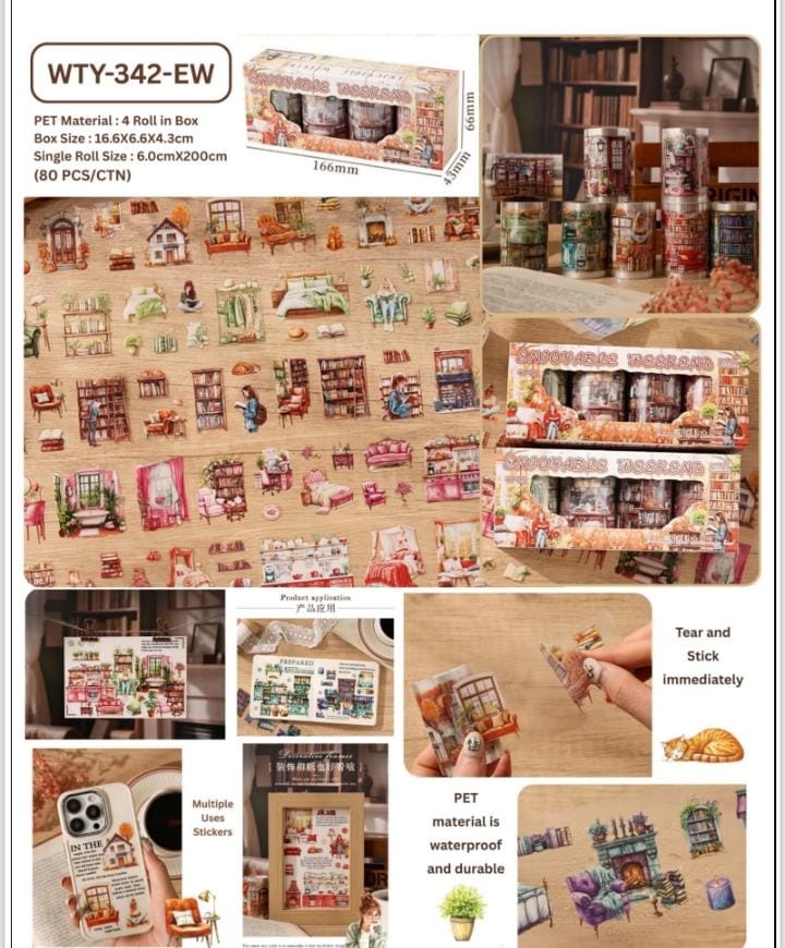 Miso station decorative PET adhesive tape set featuring vintage library and cozy reading nook illustrations.