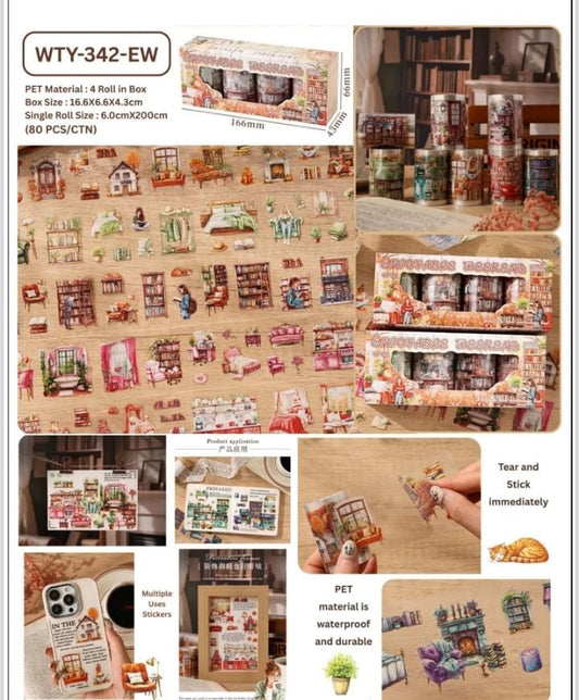 Miso station decorative PET adhesive tape set featuring vintage library and cozy reading nook illustrations.