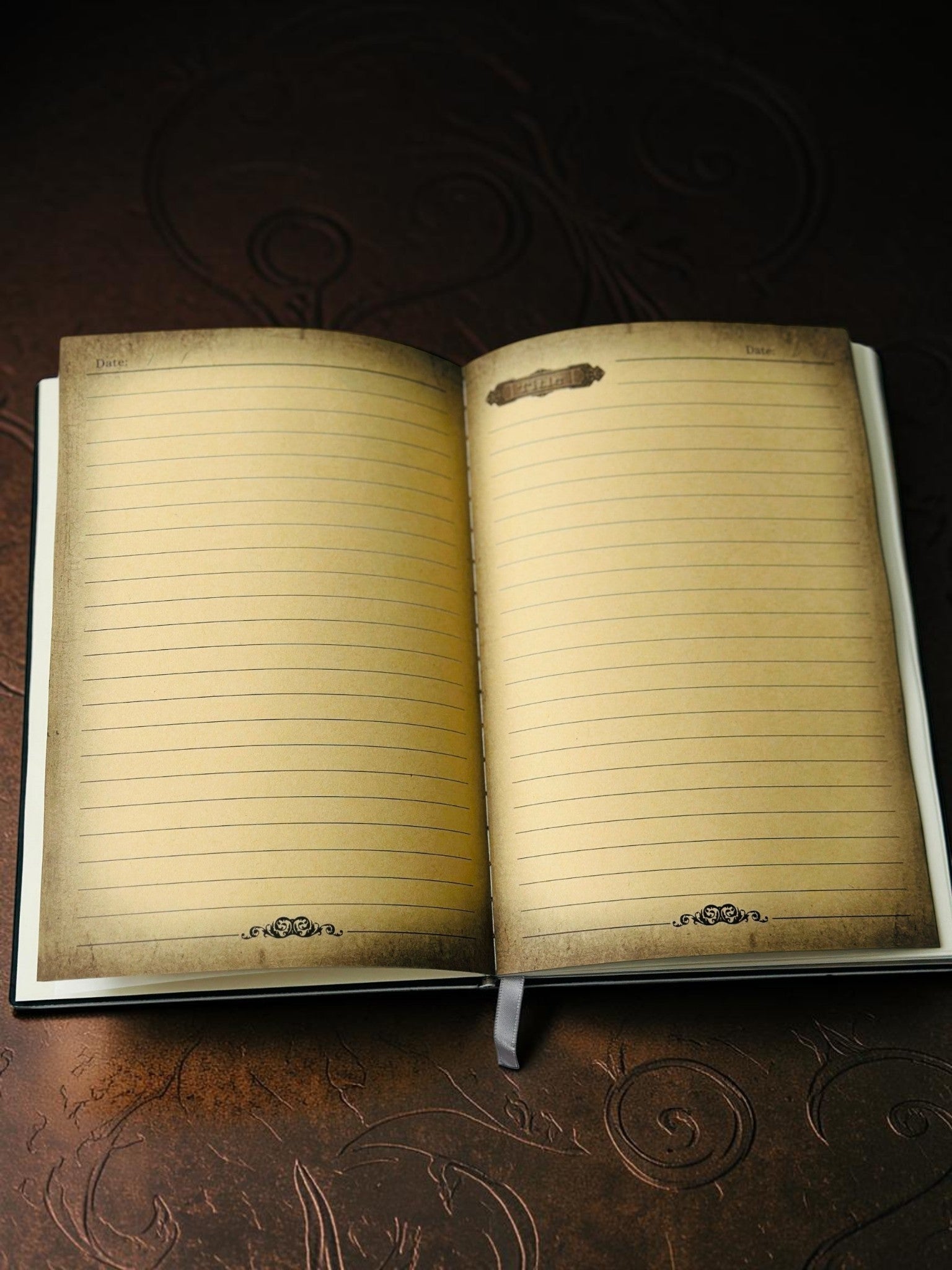 Miso station vintage-style journal open to lined parchment pages with date headers and decorative flourishes