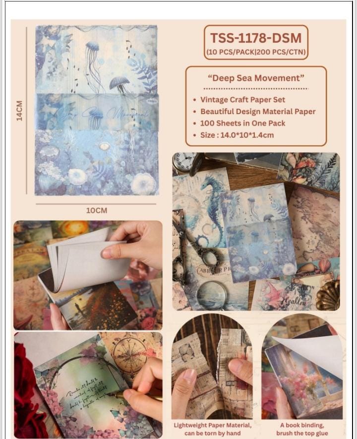 Miso station Deep Sea Movement vintage craft paper set with nautical illustrations of jellyfish and coral in blue.