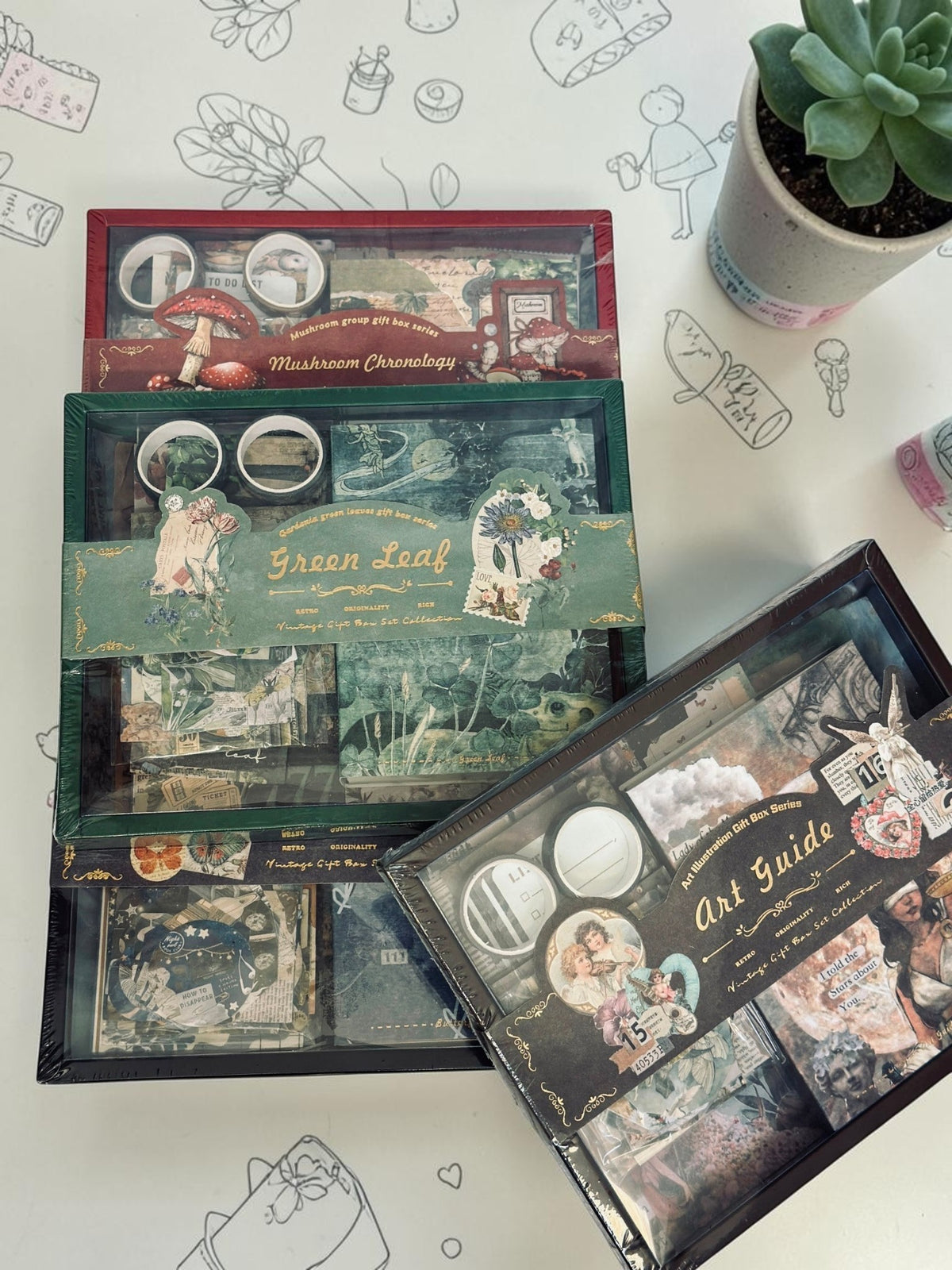 Miso station vintage stationery scrapbooking gift boxes featuring Mushroom Chronology, Green Leaf, and Art Guide themes.