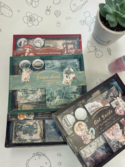Miso station vintage stationery scrapbooking gift boxes featuring Mushroom Chronology, Green Leaf, and Art Guide themes