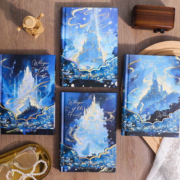 Miso station Whisper of the Forest hardcover journals with deep blue fantasy castle covers and gold-foil detailing.