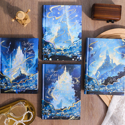 Miso station Whisper of the Forest hardcover journals with deep blue fantasy castle covers and gold-foil detailing.