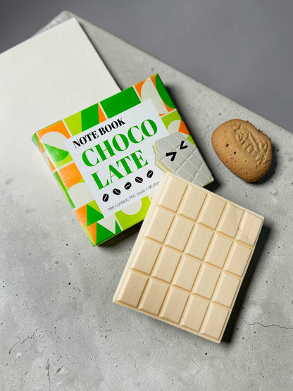 Miso station white chocolate bar shaped notebook with textured PVC cover and matching patterned box on grey surface
