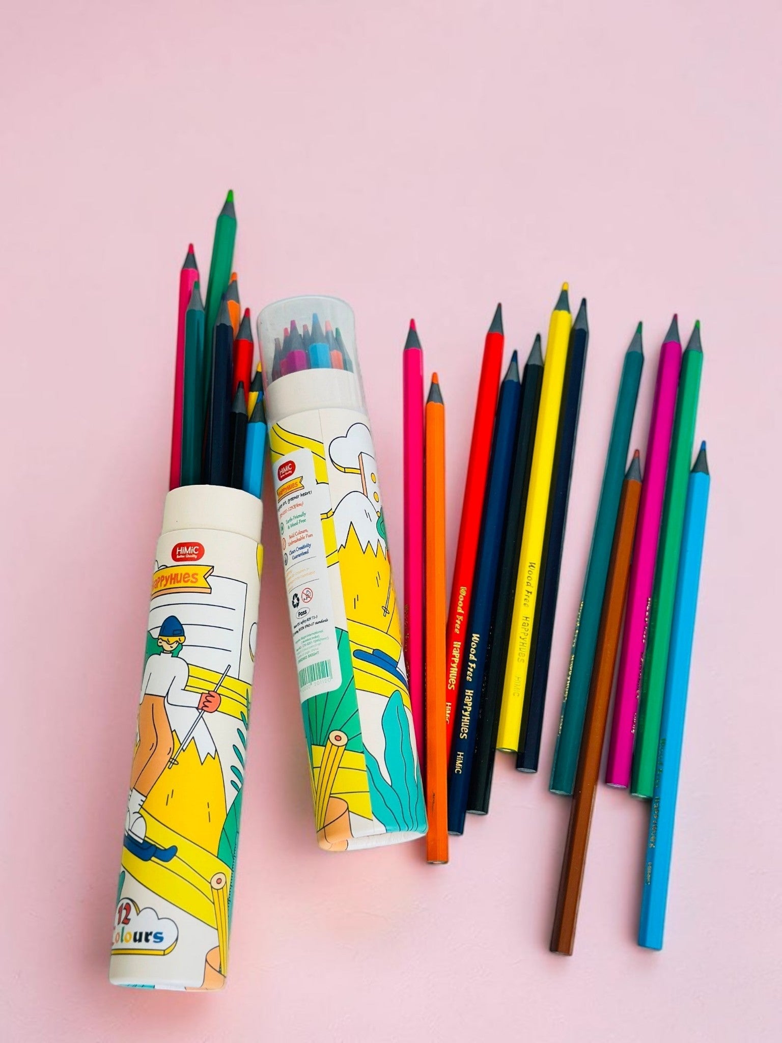 Miso station Happyhues wood-free colored pencil set with 12 vibrant shades in an illustrated cylindrical storage tube.