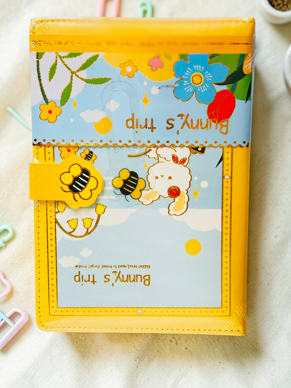 Miso station yellow Bunny Trip journal with whimsical rabbit illustration and a cute bee-themed magnetic closure