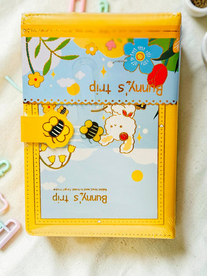 Miso station yellow Bunny Trip journal with whimsical rabbit illustration and a cute bee-themed magnetic closure