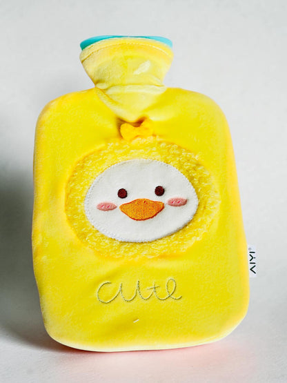 Miso station yellow plush hot water bottle with a cute embroidered duck character applique and soft velvet cover.