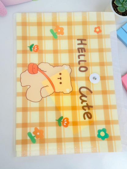 Miso station A4 document folder in frosted plastic with a yellow plaid pattern, bear character, and snap closure.