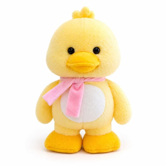 Miso station soft yellow plush duck stuffed animal with a white belly and a cute pink scarf on a white background