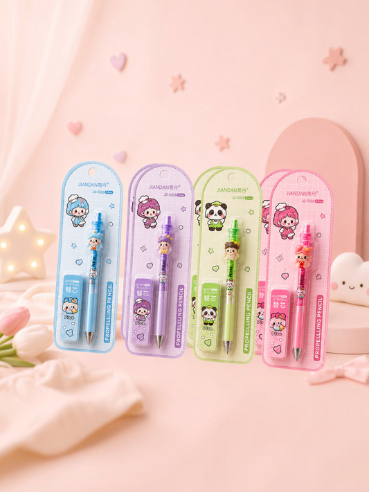 Miso station kawaii muppet doll refillable pencils in blue, purple, green, and pink packaging with matching lead cases.