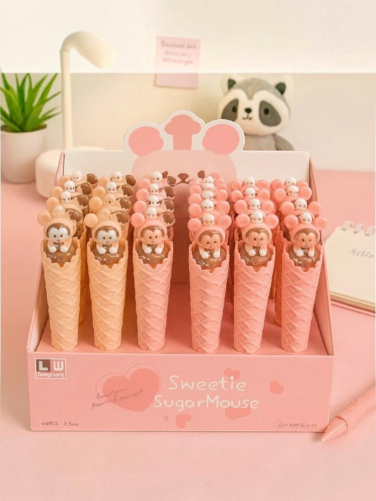 Miso station Mickey ice cream pens in a display box featuring cute mouse-shaped toppers and waffle cone barrels.