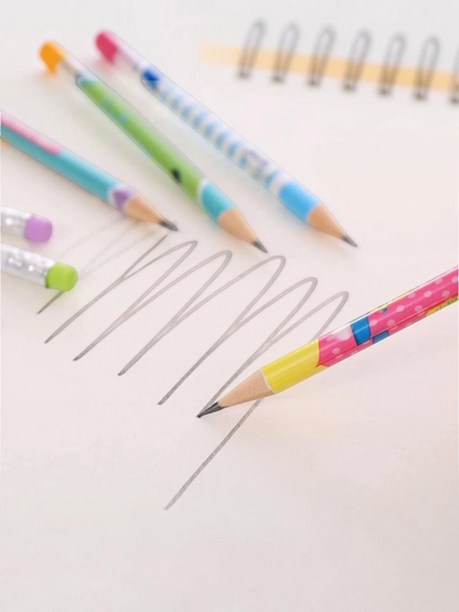Miso station colorful pencils with playful animal patterns and erasers, shown writing on white paper.