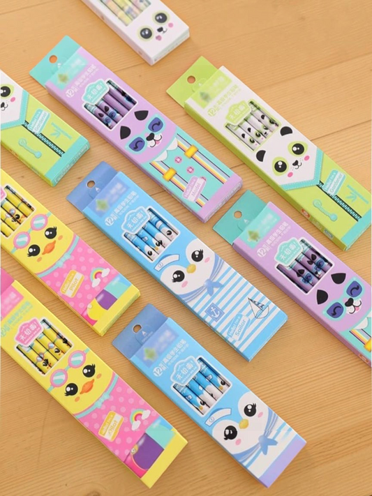 Miso station 12-piece pencil set in colorful boxes featuring cute animal designs like pandas, ducks, and penguins.