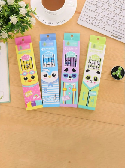 Miso station set of 12 colorful pencils in boxes featuring cute animal designs like a pilot duck and panda gardener