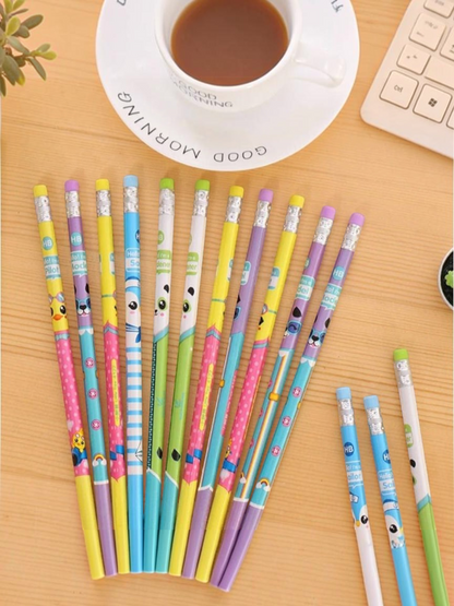 Miso station set of 12 colorful HB pencils featuring playful animal illustrations and erasers on wooden desk