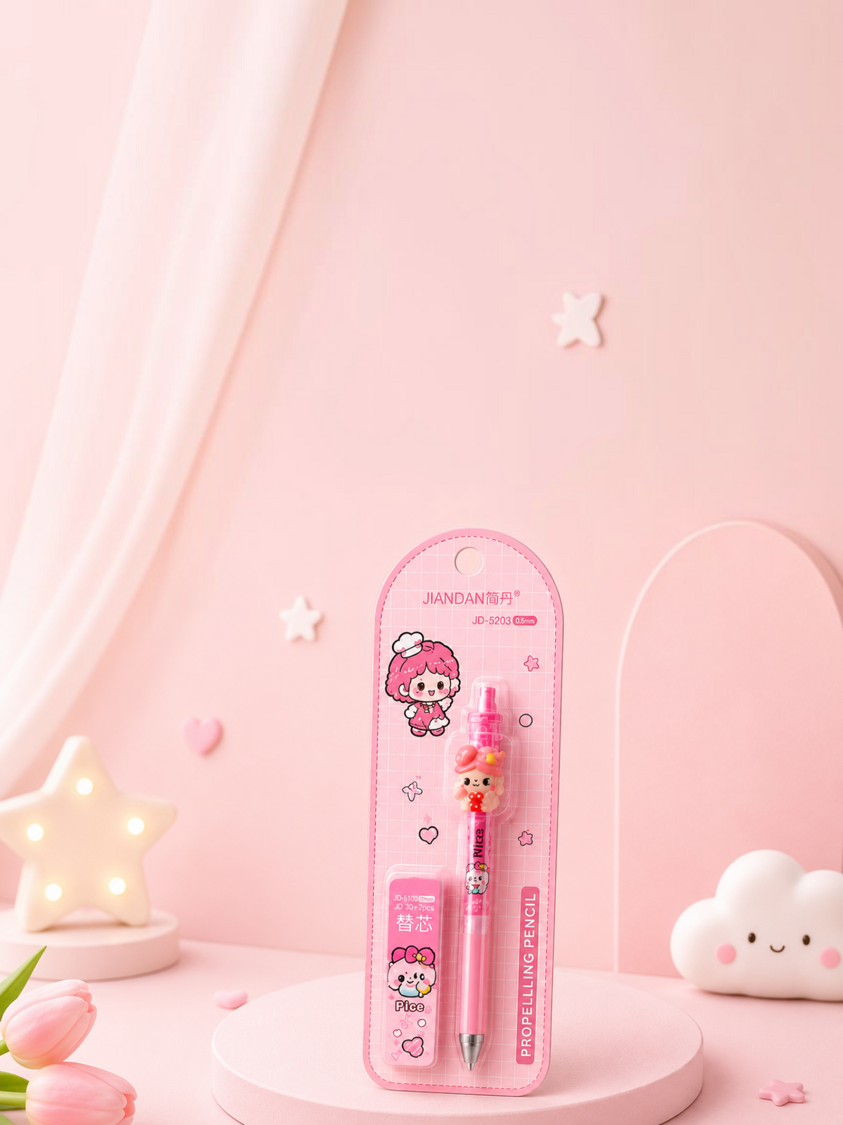 Miso station pink kawaii muppet doll mechanical pencil with refill lead set in cute blister packaging