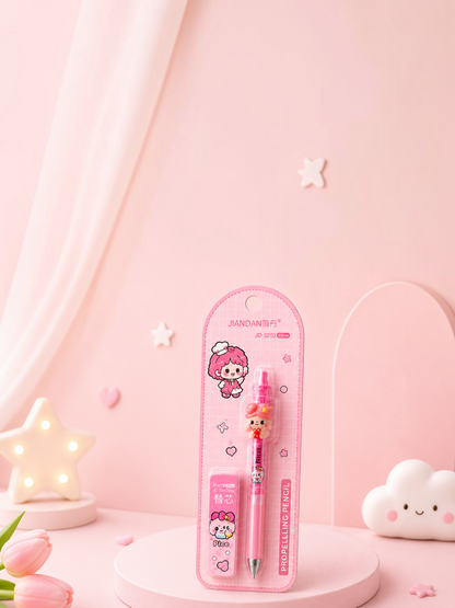Miso station pink kawaii muppet doll mechanical pencil with refill lead set in cute blister packaging