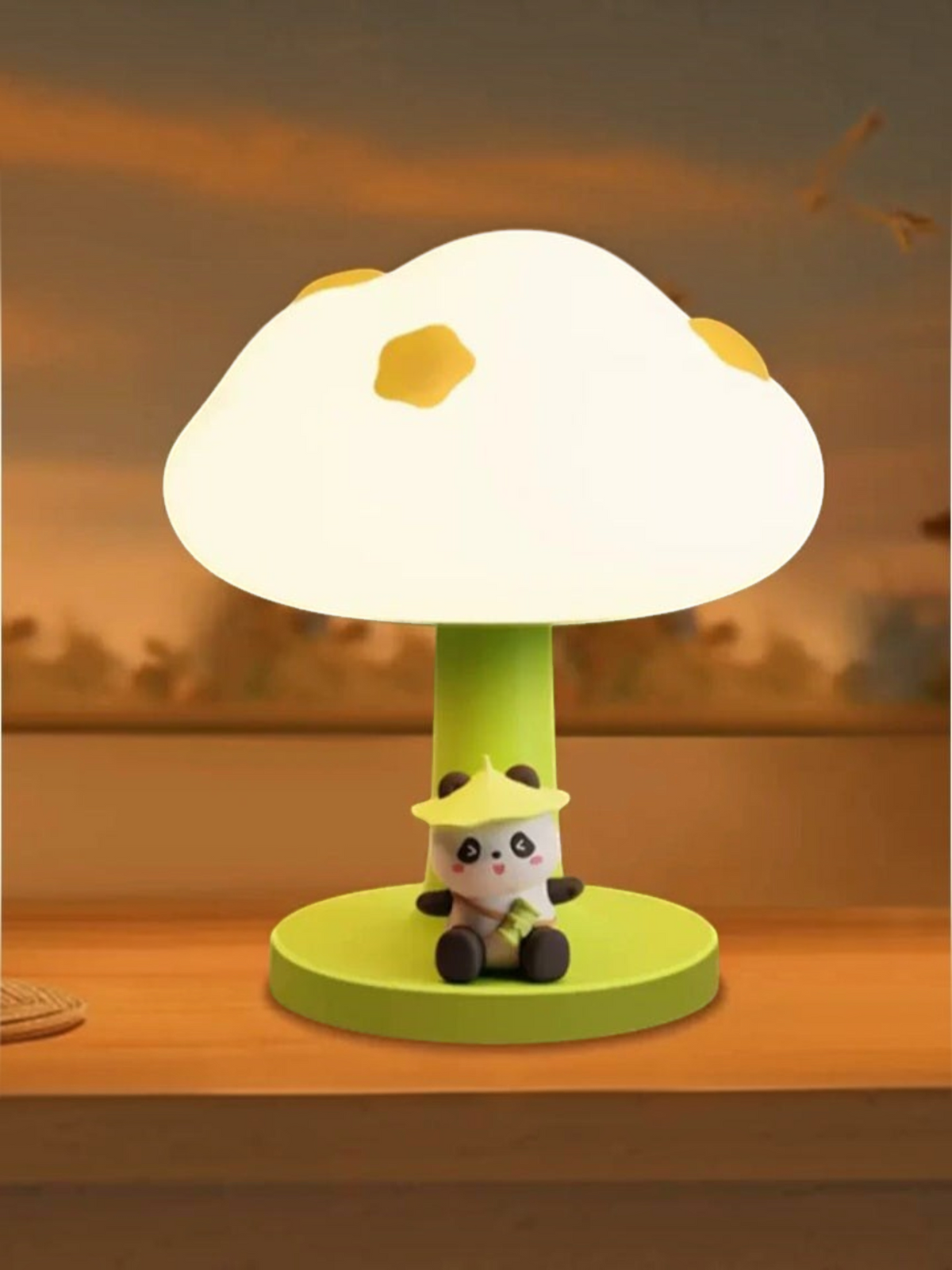 Miso station Popo panda night lamp with a mushroom-shaped shade and green base on a wooden table