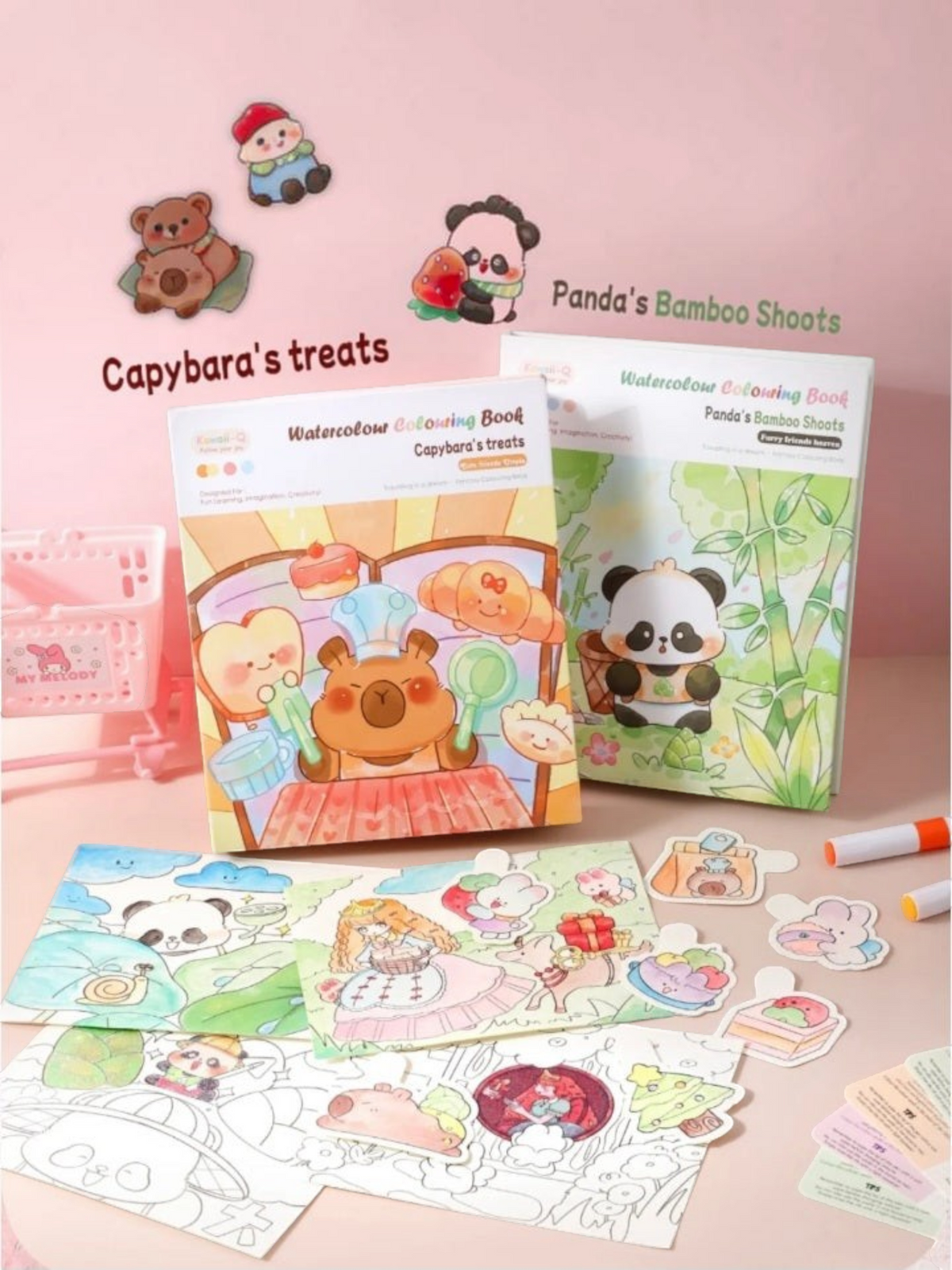 Miso station water colouring books featuring Capybara and Panda themes with reusable pages and a water pen.